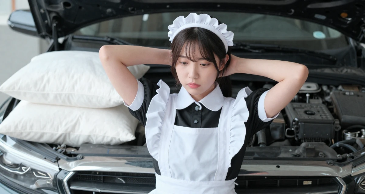 A worried Female From South Korea, studied interface design in their 25, managing inconsistent confidence when creating content, wearing a maid outfit with a white apron and ruffled headband, fixing a collar in a mechanic garage.