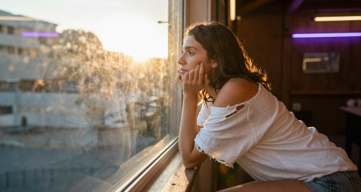 A zen-like Female From Portugal, studied marine sciences in their 21, struggling to disconnect from social media, wearing a oversized white shirt worn off one shoulder and biker shorts, looking at a reflection in a window in a barn interior.