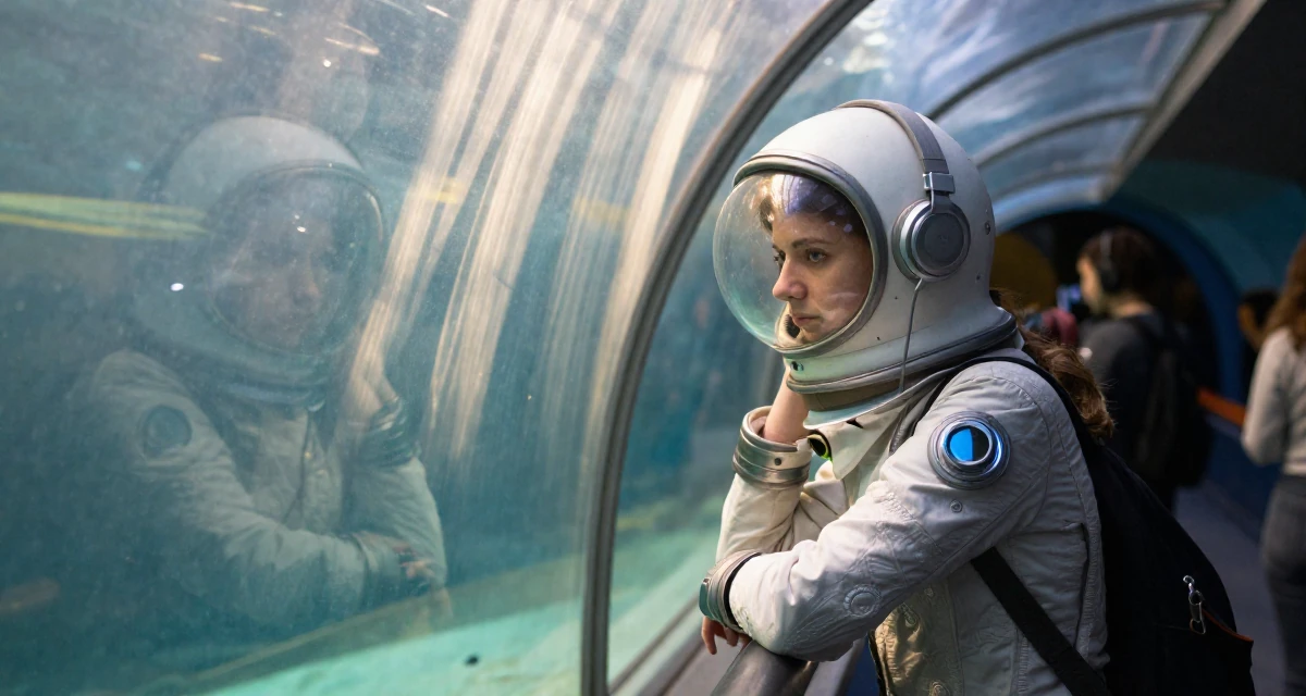 A timid Female From Sweden, studied sociology in their 21, feeling lonely despite being constantly online, wearing a retro sci-fi space girl outfit with a bubble helmet, listening to music with headphones in a aquarium tunnel.