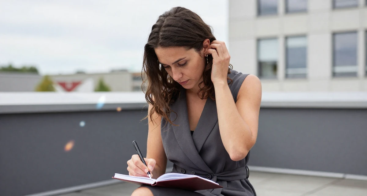 A sentimental Female From Germany, studied information engineering in their 36, building a community for working moms, wearing a sleeveless blazer dress showing toned arms, writing in a journal in a rooftop terrace.