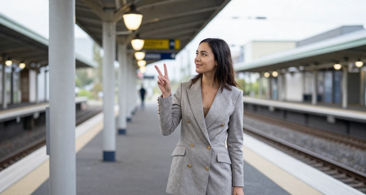 A harmonious Female From Melbourne Australia, studied creative directing for social content in their 25, making peace with early awkward content, wearing a double-breasted blazer dress with gold buttons, looking at a street sign in a train platform.