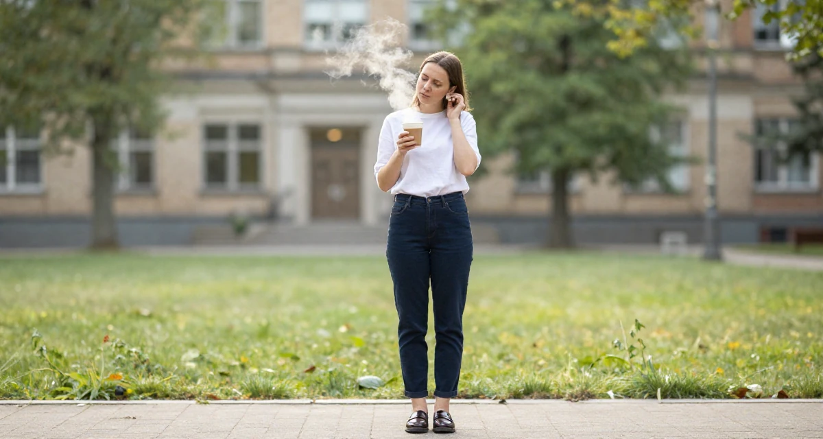 A tired Female Grew up in the Czech Republic, studied digital film production in their 25, identifying strengths and weaknesses, wearing a polished loafer and trousers look, putting on earrings in a university campus.