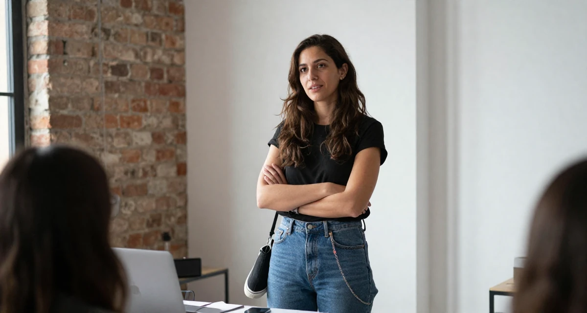 A relaxed and carefree Female From Lebanon, based in Beirut, graduated from a creative institute majoring in expressive photoshoot styling in their 31, teaching photography and editing skills, wearing a modern casual lifestyle wear, dangling a shoe from one foot in a loft apartment with brick walls.