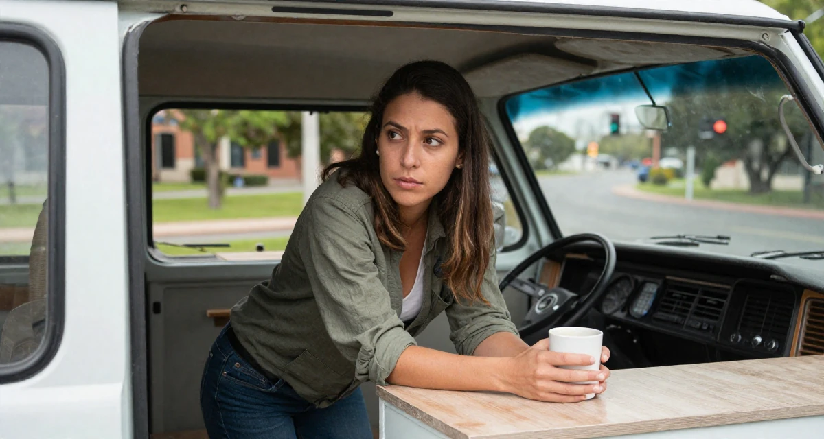 A wistful Female From Colombia, has a background in performing arts in their 35, renovating a vintage van for travel, wearing a comfortable travel outfit, holding a cup of coffee in a university campus.