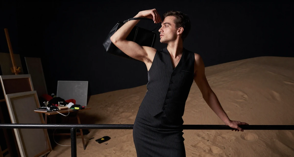 A serene male From Oslo Norway, learned sensual choreography through contemporary dance in their 20, trying to balance academic pressure and social life, wearing a pinstripe pencil skirt and a matching vest top, looking through a bag in a messy artist studio.