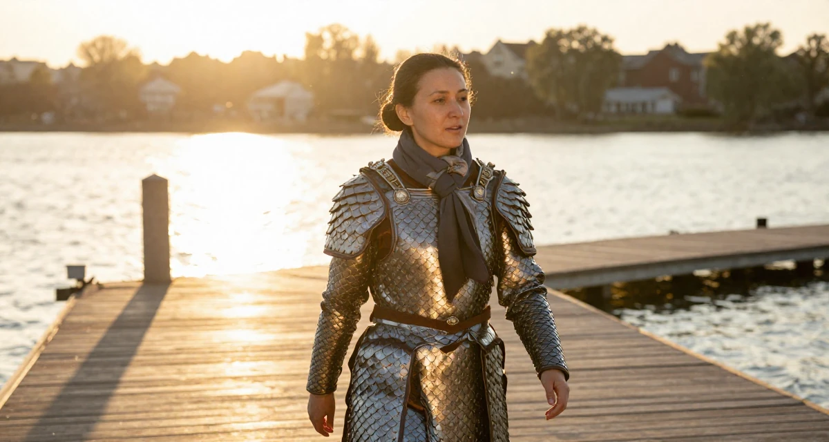 A content Female Raised in Kazakhstan, majored in global business in their 45, sharing wisdom on navigating office politics, wearing a dragon scale armor texture with metallic sheen, wrapping a scarf around the neck in a lakeside dock.