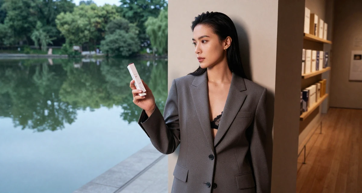 A mysterious Female Once a warehouse picker, now building a creator brand from scratch in their 23, learning to set boundaries with bosses, wearing a fitted blazer with nothing underneath but a lace bra (hinted), examining a product in a museum exhibit.