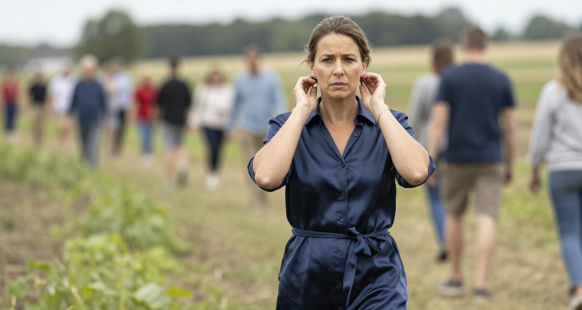 A determined Female From Germany, has a background in psychology in their 40, celebrating professional mastery and confidence, wearing a silk shirt dress with a tie waist, putting on earrings in a farm field.