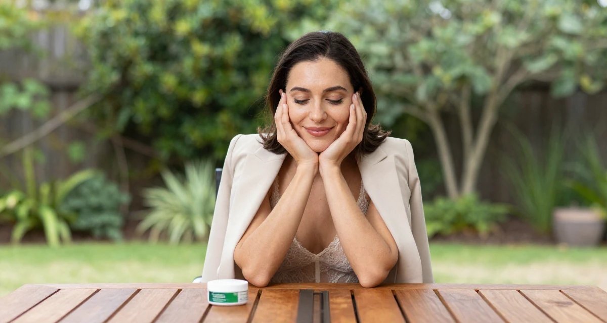 A inspired Female From Australia, has a degree in environmental science in their 25, smiling gently with a secret inner peace, wearing a sheer lace bodysuit worn under a blazer, examining a product in a garden patio.