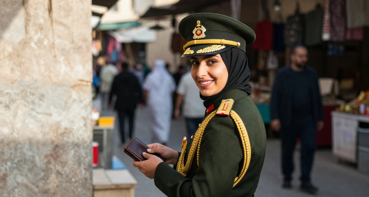 A cheerful Female From Qatar, majored in media production and editing in their 22, managing new financial responsibilities, wearing a military general uniform with gold braiding and a hat, checking a wallet in a bustling market.
