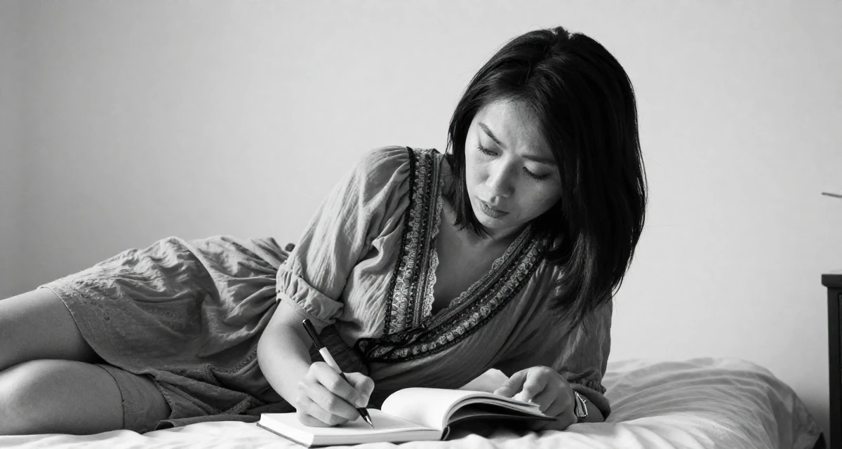 A engrossed Female From Chengdu China, self-taught photographer with nightlife roots in their 23, changing career paths with terrifying courage, wearing a relaxed bohemian style dress, writing in a journal in a minimalist bedroom.