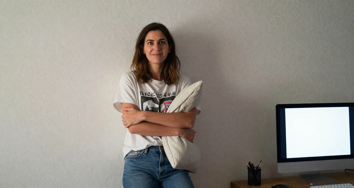 A amused Female From Italy, studied fashion design in Milan in their 34, managing a complex portfolio of responsibilities, wearing a laid-back graphic tee and jeans, hugging a pillow or cushion in a home interior.