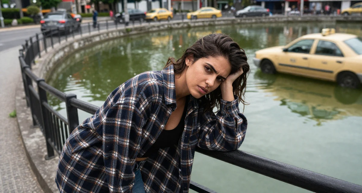 A intense Female From Colombia, has a background in performing arts in their 22, feeling like a small fish in a big corporate pond, wearing a oversized flannel shirt unbuttoned over a crop top, leaning head on a hand in a winding staircase.