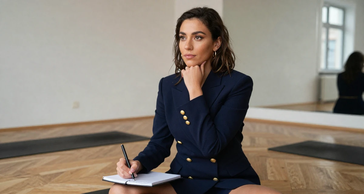 A reassured Female From Sweden, based in Malmö, graduated from a media school majoring in expressive content aesthetics in their 23, embracing sultry glam aesthetics as signature style, wearing a double-breasted blazer dress with gold buttons, writing in a notebook in a yoga studio.