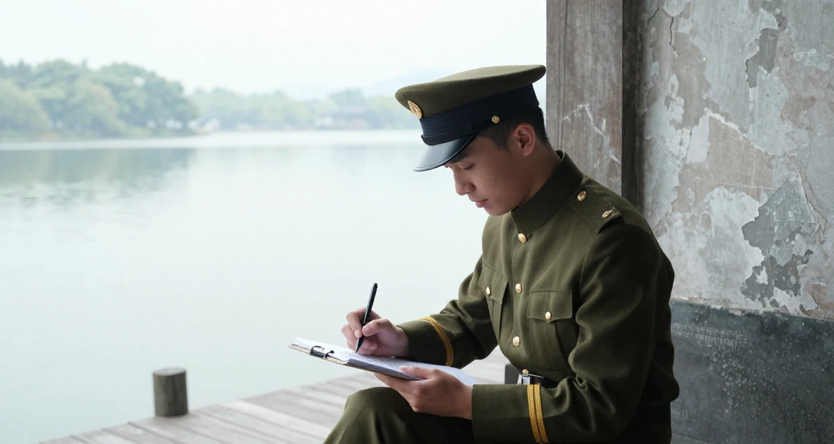 A placid male Once a digital-marketing intern, now running her own creator brand in their 22, building early fan loyalty through replies and messaging, wearing a imperial officer uniform with a peaked cap, sketching on a pad in a serene lakeside dock.