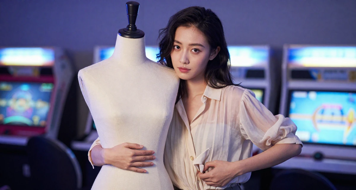 A confident and poised Female From Suzhou China, grew up in a family tailoring business, learning costume craft in their 22, dealing with loneliness because creator life is misunderstood, wearing a lightweight chiffon blouse slightly unbuttoned, reaching for a pocket in a arcade room with neon lights.