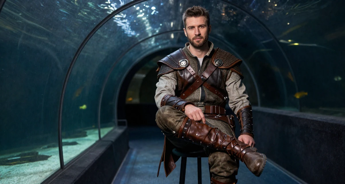A humble male Raised in Poland, majored in entrepreneurship studies in their 24, establishing a distinct professional reputation, wearing a fantasy elven archer outfit with leather armor details, crossing legs in a aquarium tunnel.