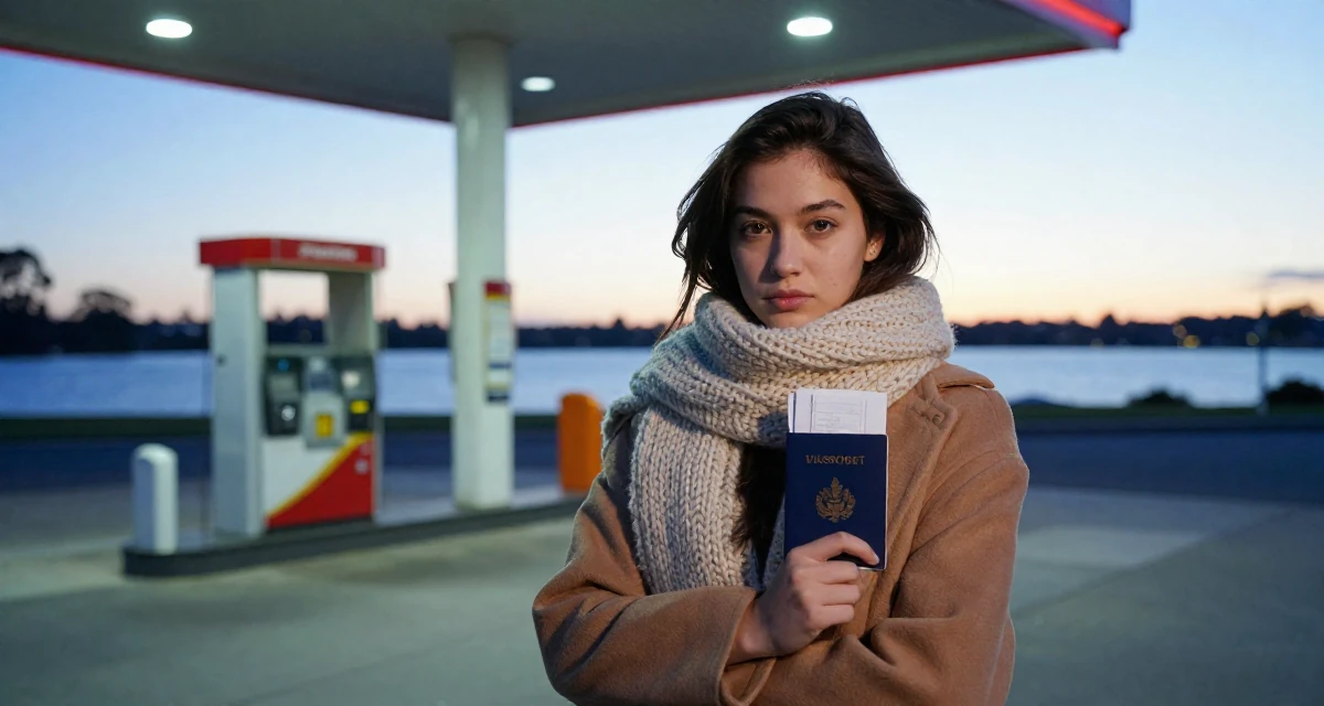 A settled Female From Australia, based in Gold Coast, graduated from a media academy majoring in sensual creative direction in their 25, balancing innocence and boldness in early shoots, wearing a heavy knit scarf and coat, holding a passport in a gas station at night.