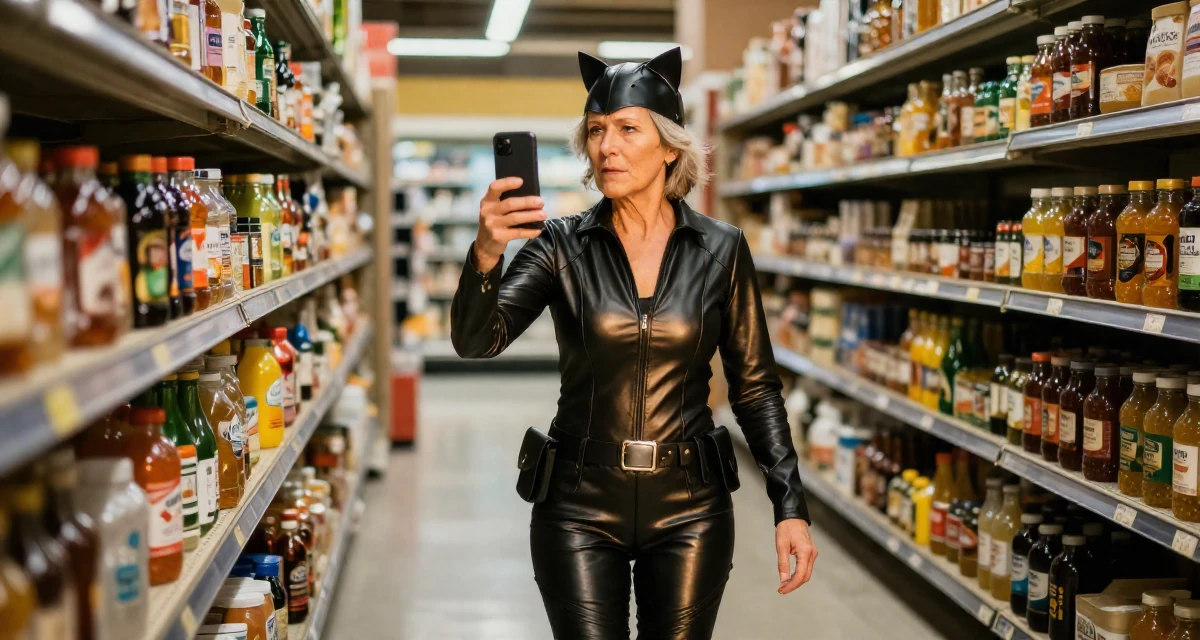 A vulnerable Female From Canada, trained in advertising and branding in their 46, celebrating the confidence that comes with age, wearing a tight leather cat burglar suit with a utility belt, snapping a photo with a phone in a supermarket aisle.