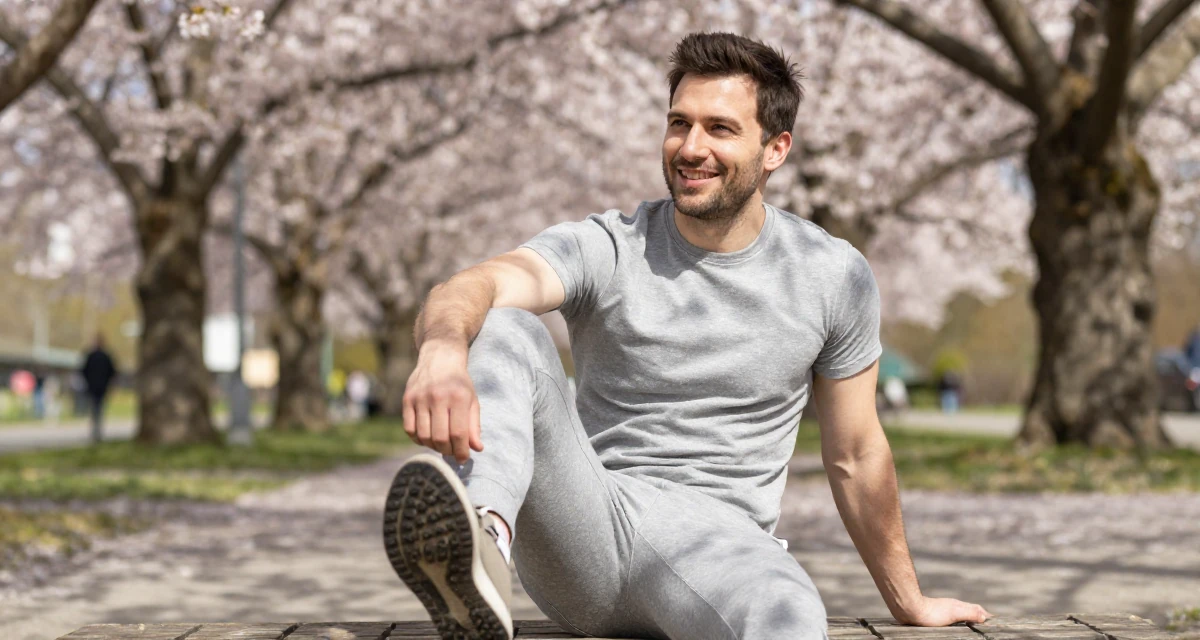 A warm and welcoming male From Munich Germany, studied mechanical engineering in their 22, exploring slow, teasing video styles within comfort limits, wearing a cotton jersey romper that fits tightly, dangling a shoe from one foot in a cherry blossom park.