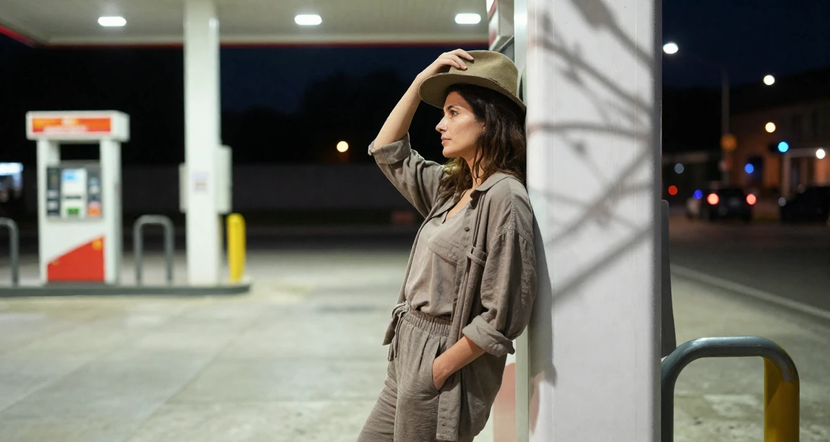 A lonely Female From Rome Italy, majored in art history in their 34, sharing the journey of infertility and hope, wearing a muted earth-tone clothing set, holding a hat in a gas station at night.