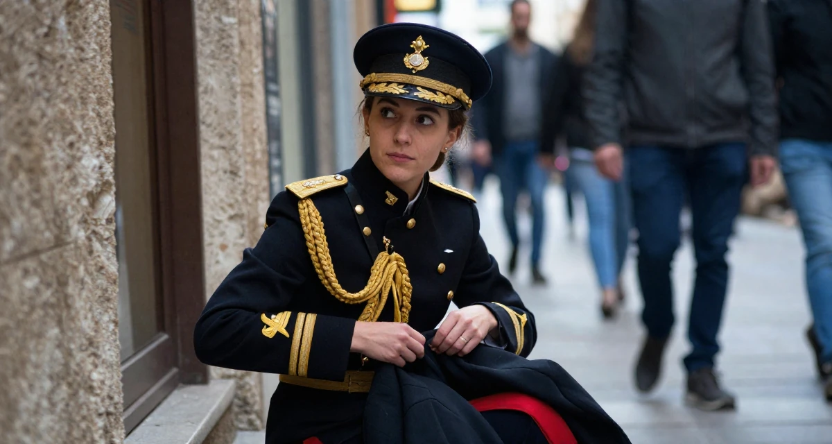 A curious and focused Female From Greece, studied classical studies and history in their 23, decoding the unwritten rules of corporate life, wearing a military general uniform with gold braiding and a hat, putting on a jacket in a neon-lit alleyway.