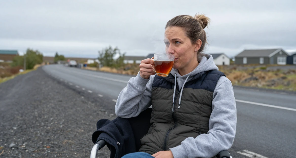 A sympathetic Female Raised in Iceland, majored in creative digital strategy in their 47, preparing for the empty nest phase, wearing a layered vest over hoodie, sipping a warm drink in a country road.