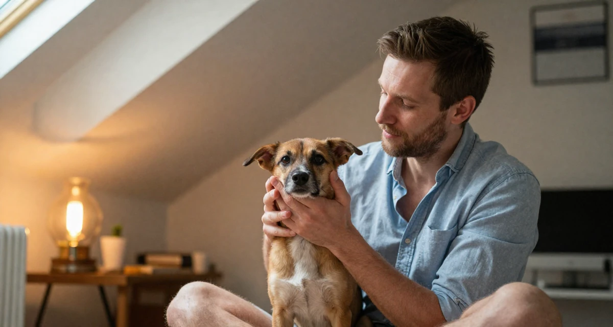 A absent-minded male From Munich Germany, studied mechanical engineering in their 40, sharing the joy of adoption and family, wearing a button-up shirt dress with the top buttons undone, rubbing hands together for warmth in a attic room.