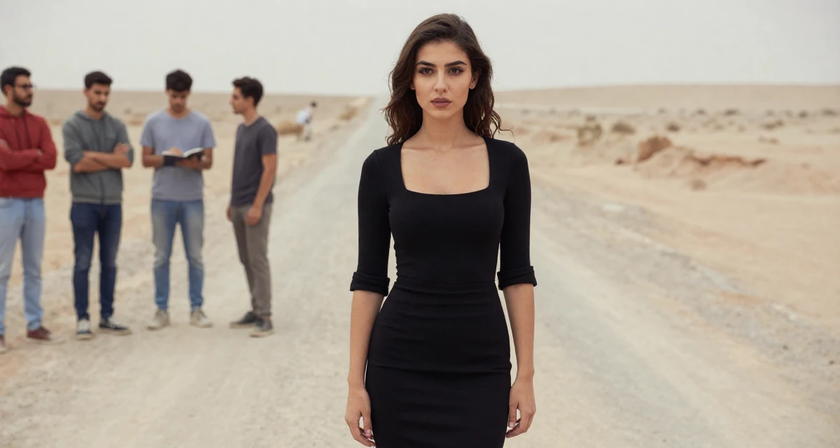 A contemplative Female From Turkey, majored in mechatronics in their 26, dealing with younger competition while finding identity, wearing a fitted black dress with a square neckline, rolling up sleeves in a classroom setting.