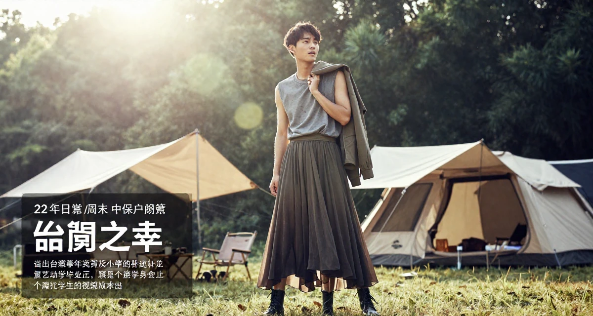 A emotional male From Taiwan, based in Taichung, graduated from an arts academy majoring in visual storytelling in their 22, sacrificing weekends for content planning, wearing a flowing maxi skirt and top, holding a jacket over a shoulder in a camping site.
