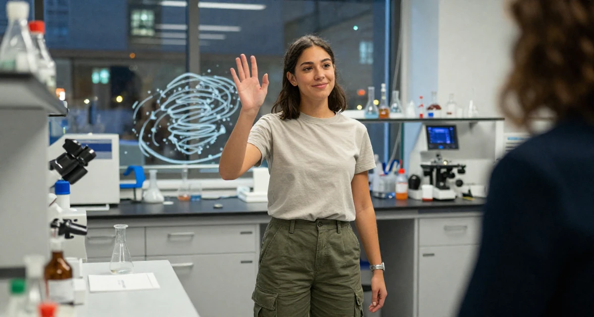 A peaceful Female From London United Kingdom, majored in media studies in their 20, discovering their first real sense of independence, wearing a simple t-shirt and cargo pants, waving to someone in a science lab.