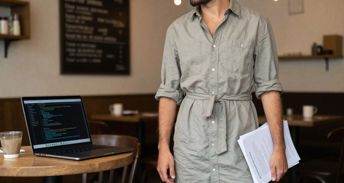 A flirty male From Lisbon Portugal, learned storytelling through movement in their 23, exploring flirty aesthetics while staying within comfort zones, wearing a belted shirt dress with rolled sleeves, carrying a stack of documents in a trendy coffee shop.