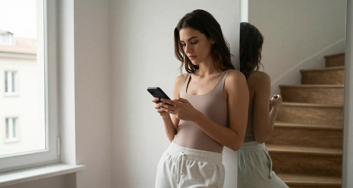 A deeply absorbed Female Previously a hairstylist, now showcasing transformation-driven content in their 28, projecting an image of effortless success, wearing a high-cut bodysuit paired with loose jogging bottoms, checking a phone in a winding staircase.