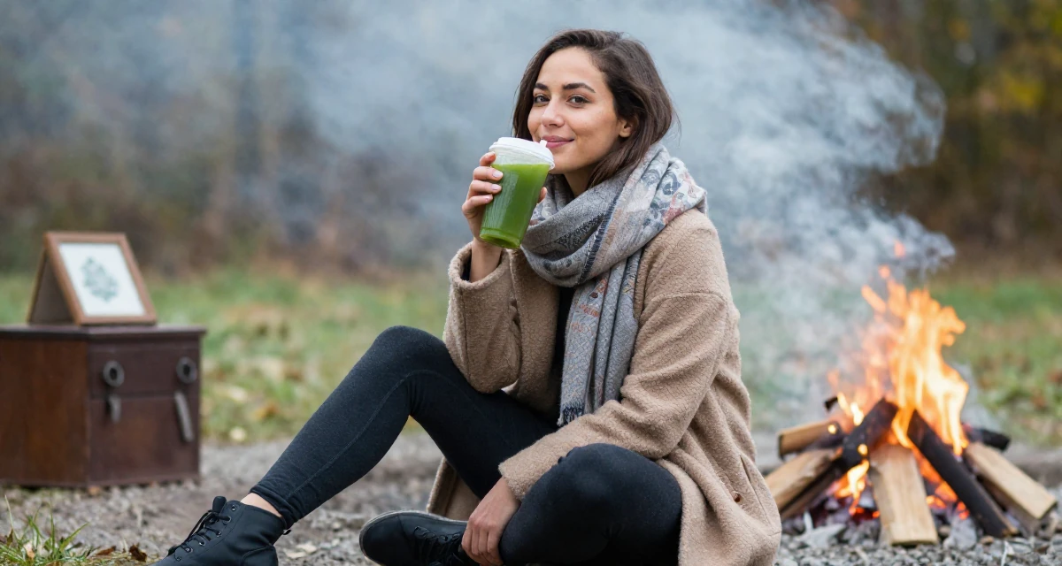 A hopeful Female From Canada, majored in sociology and gender studies in their 24, wearing activewear and holding a green juice, wearing a layered autumn coat and scarf, holding a cup of coffee in a campfire circle.