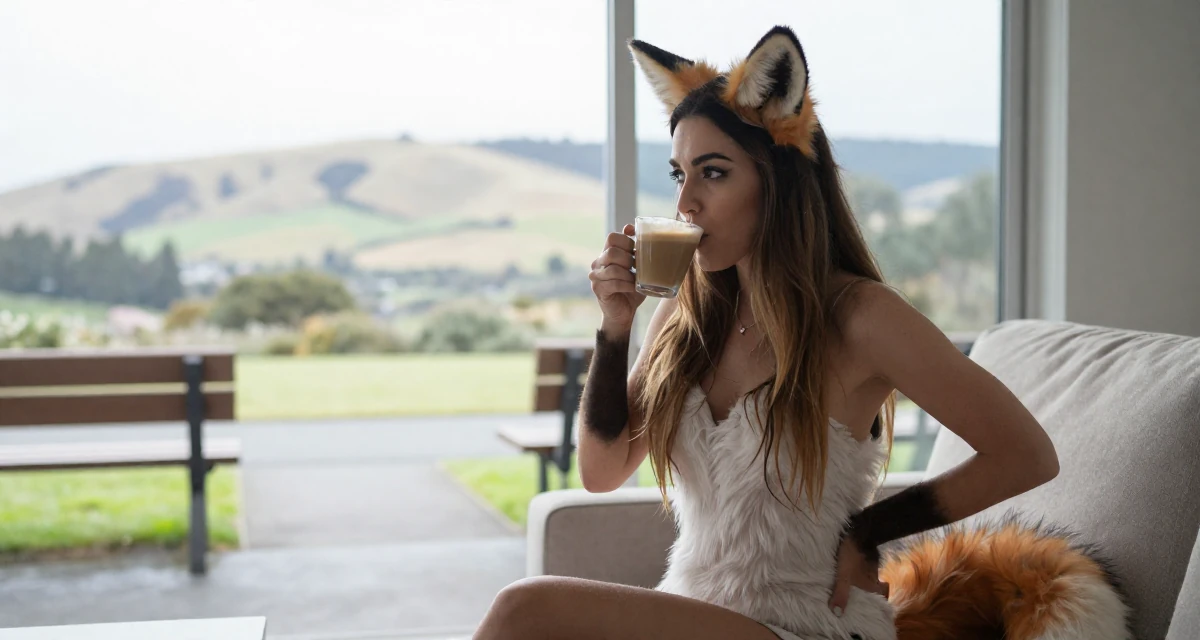 A seductive Female From Wellington New Zealand, studied creative writing and visual narrative in their 23, analyzing which posts convert best, wearing a fox spirit (kitsune) outfit with fluffy ears and tails, sipping a latte in a sunlit living room.