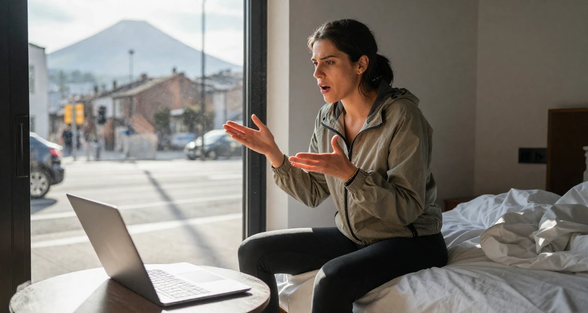 A stunned Female Raised in Germany, studied visual communication design in their 25, balancing hard work with luxury self-care, wearing a sporty windbreaker and leggings, gesturing while talking in a city sidewalk.