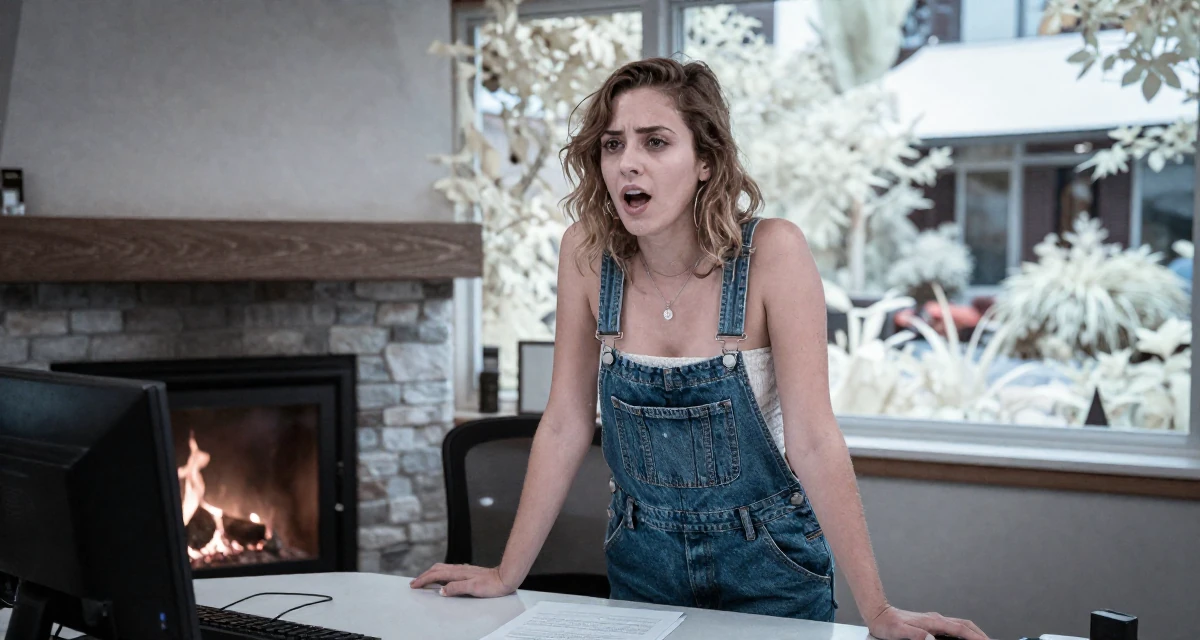 A passionate Female From Canada, holds a degree in accounting in their 23, dealing with fluctuating subscriber numbers, wearing a tube top and oversized denim overalls with one strap down, shivering slightly in a radio station.