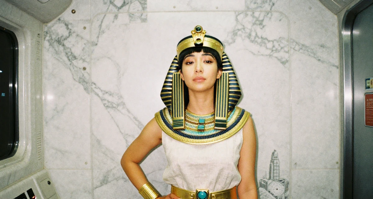 A composed Female From South Korea, based in Busan, graduated from a design institute majoring in visual communication in their 27, dealing with the emotional cost of visibility, wearing a egyptian queen costume with gold collar and linen, taking a deep breath in a spaceship corridor.