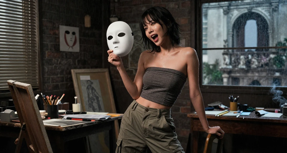 A energetic Female From Japan, majored in animation in their 33, struggling with work-life balance, wearing a strapless tube top and cargo pants, holding a mask (cosplay/prop) in a artist workshop.