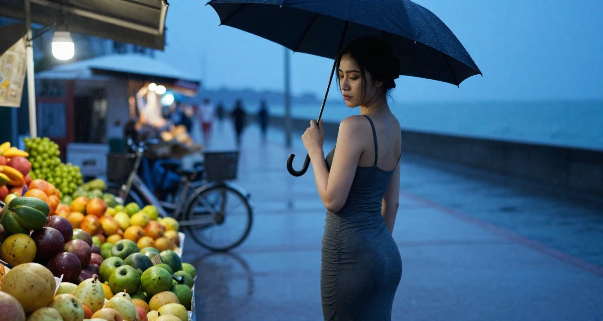 A melancholic Female Once a ballet dropout, now redefining movement through intimate expression in their 22, trying to grow without losing privacy or sanity, wearing a sheath dress in charcoal grey that hugs the curves, shaking rain off an umbrella in a beach promenade.