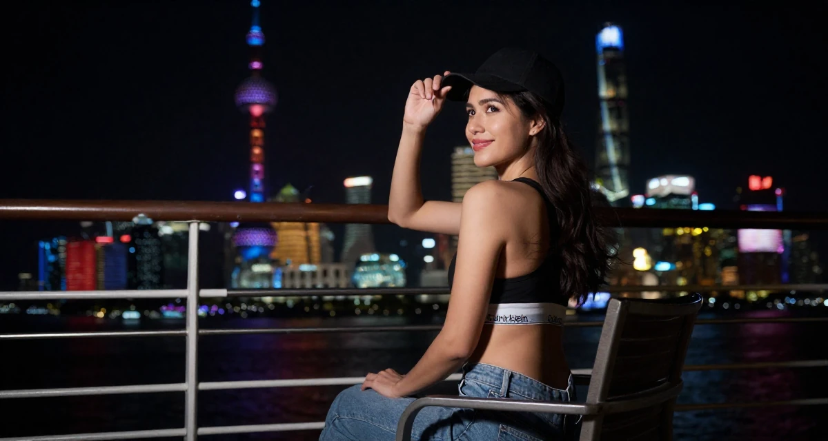 A sophisticated Female From Canada, trained in culinary arts in their 25, looking back at 21 with a wise smile, wearing a classic calvin klein style sports bra and jeans, tipping a hat in a ferry deck.