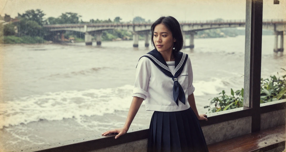 A quietly confident Female From Chiang Mai Thailand, studied alternative wellness and body flow in their 22, understanding the importance of mental resilience, wearing a Japanese school sailor uniform (seifuku) with a pleated skirt, rolling up sleeves in a rainy window seat.