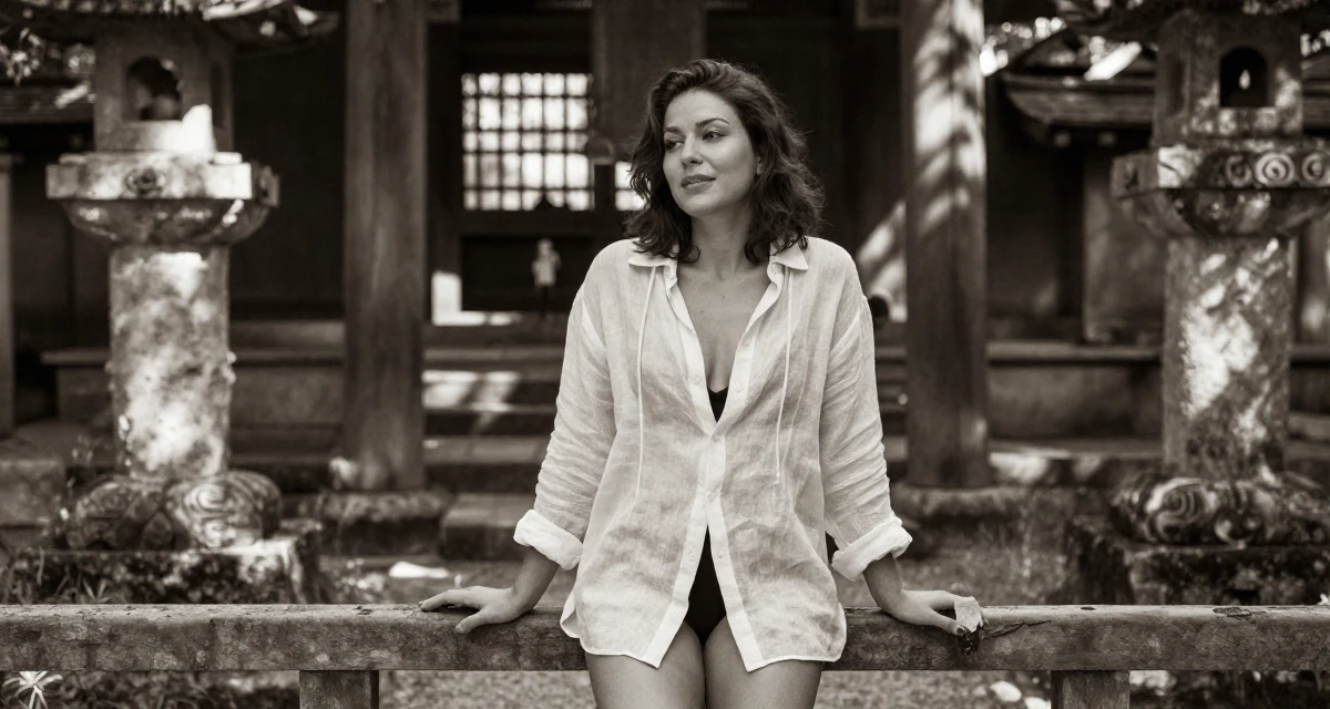 A positive Female From Stockholm Sweden, studied minimalist aesthetics and body symmetry in their 25, feeling empowered posting subtly provocative looks, wearing a translucent linen shirt worn over a swimsuit, holding a snack in a Japanese Shinto shrine.