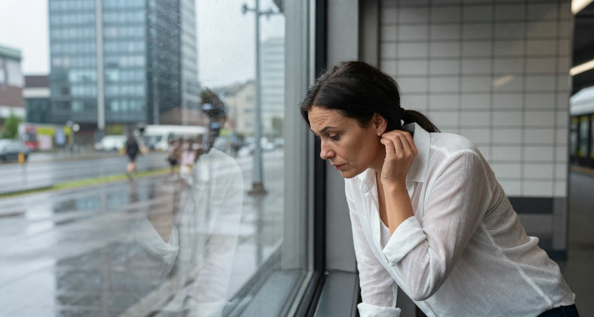 A resilient Female From Bergen Norway, focused on natural-light photography in outdoor settings in their 31, feeling the biological clock or societal pressure, wearing a sheer white blouse with a delicate camisole underneath, putting on earrings in a rainy window seat.