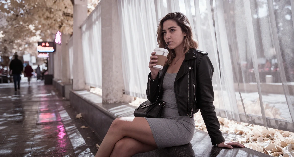 A reserved Female From Chile, majored in astronomy in their 20, buzzing with naive optimism and caffeine energy, wearing a cropped leather jacket and a bodycon dress, holding a purse tightly in a pedestrian plaza.