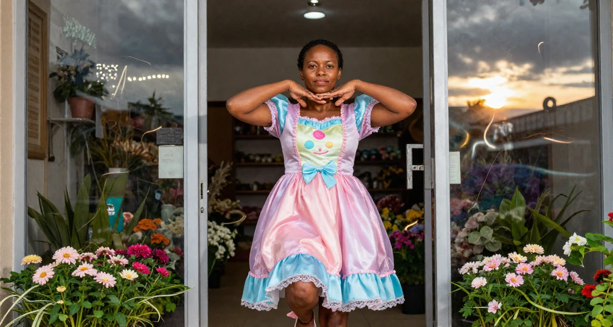 A calm Female From Rwanda, majored in social innovation in their 35, glowing with the wisdom of experience, wearing a candy-themed magical girl dress with pastel colors, tapping a foot rhythmically in a flower shop entrance.