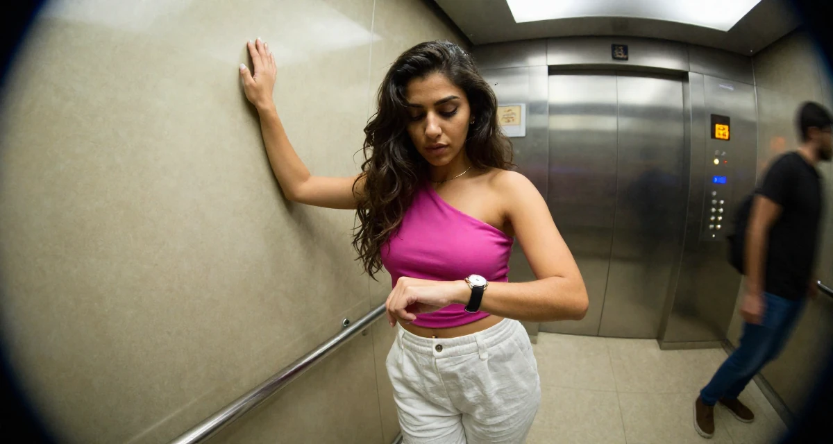 A moody Female From Egypt, majored in archaeology in their 20, exploring identity through bold fashion choices, wearing a one-shoulder fitted top and white linen trousers, glancing at a wristwatch in a elevator hall.