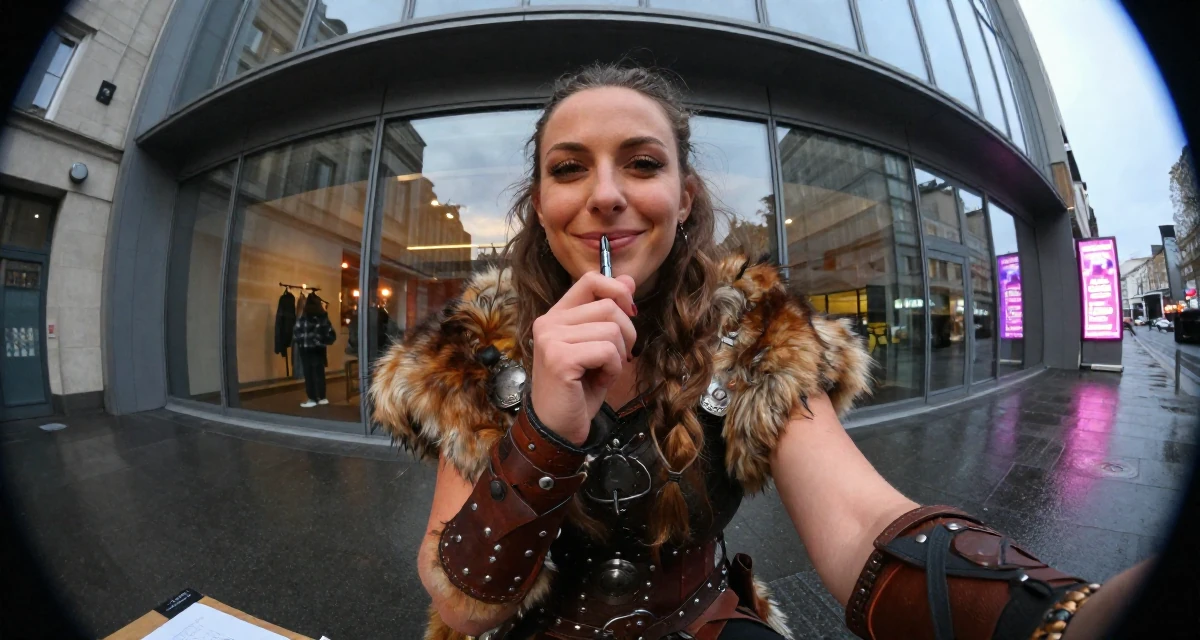 A smiling gently Female From Vienna Austria, studied stage performance and sensual movement in their 24, managing emotional ups and downs from online criticism, wearing a viking shield-maiden outfit with fur and leather, chewing on a pen thoughtlessly in a tv set.