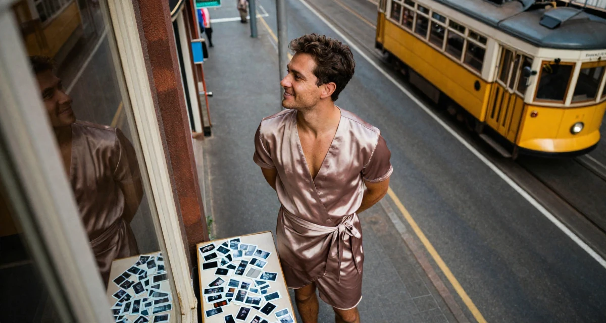 A charming male From Australia, majored in finance at a private university in their 27, experimenting with new content formats, wearing a satin wrap dress tied loosely at the waist, checking a reflection in a window in a neon-lit alleyway.