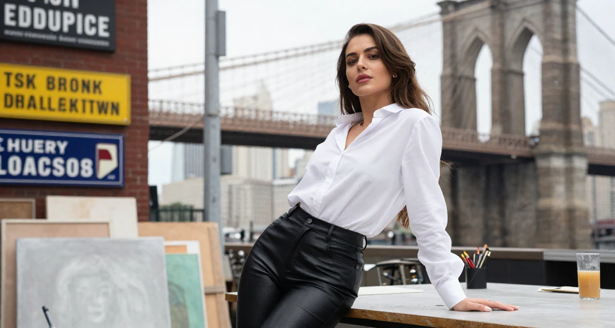 A zen-like Female From Turkmenistan, studied industrial technology in their 22, transitioning to more confident, sensual poses, wearing a black leather trousers and a crisp white blouse, resting hands on a table in a artist workshop.